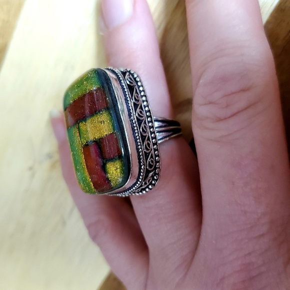 New Huge Dichroic Glass 925 Silver Ring. - Picture 6 of 9